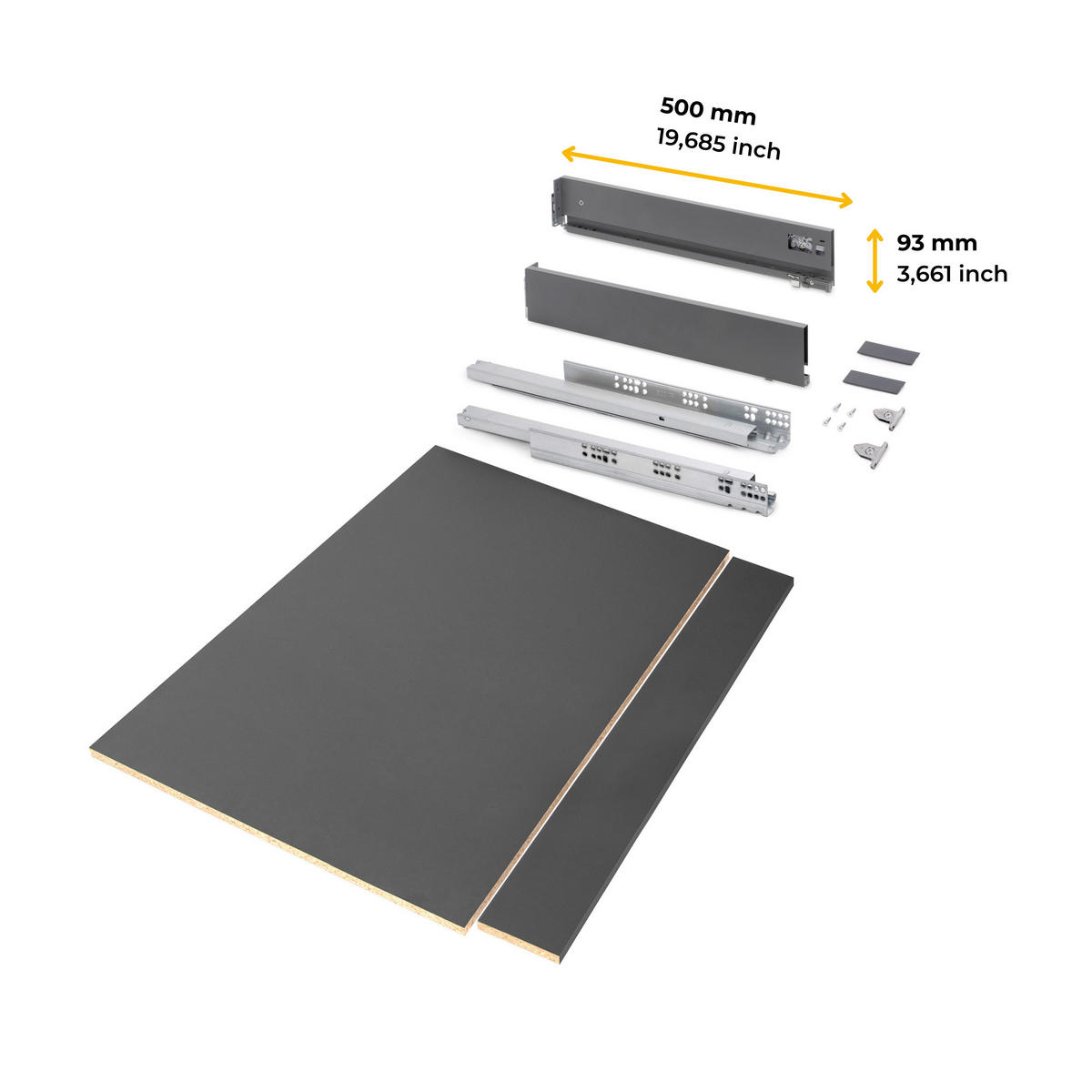 SCHUBLADEGARNITUR Vertex für Küche oder Badezimmer, 93 mm hoch, mit Einlegeböden, Modul 900 mm, Anthrazitgrau - Anthrazit, Metall (1.5/9.3/50cm) - EMUCA