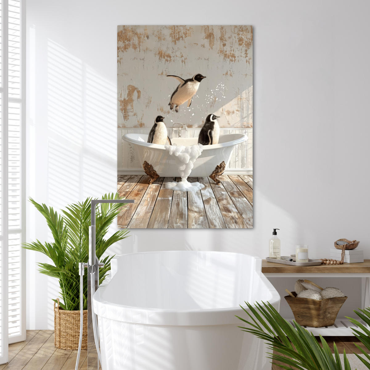 LEINWANDBILD Vintage - Pinguin - Badewanne - Schaumstoff 80x120 cm - Schwarz, Textil (80/120cm) - MuchoWow