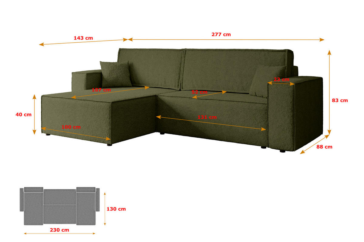 ECKSOFA mit Schlaffunktion und Bettkasten CELTIC-XL - 277x143x83 cm Grün Bouclé - Schwarz/Grün, Holzwerkstoff/Kunststoff (277/143cm) - ALTDECOR