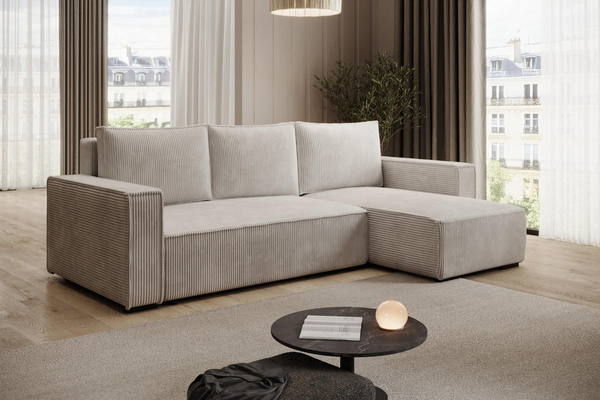 ECKSOFA CUDDY L, Eckcouch in L-Form mit Schlaffunktion und Bettkasten, Farbe: Hellgrau, Cordstoff, Ottomane Rechts - Hellgrau, Textil (240/140cm) - Storez24