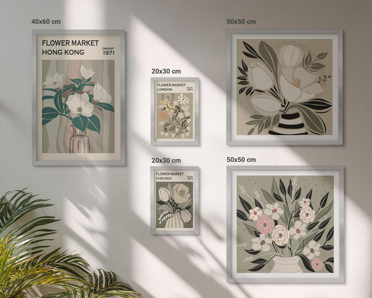 WANDBILDER 5er Set - 50x50 cm & 20x30 cm & 40x60 cm Silberner Rahmen - Blumenillustrationen London Hongkong - Silberfarben, Kunststoff (40/60cm) - ArtPrintCave