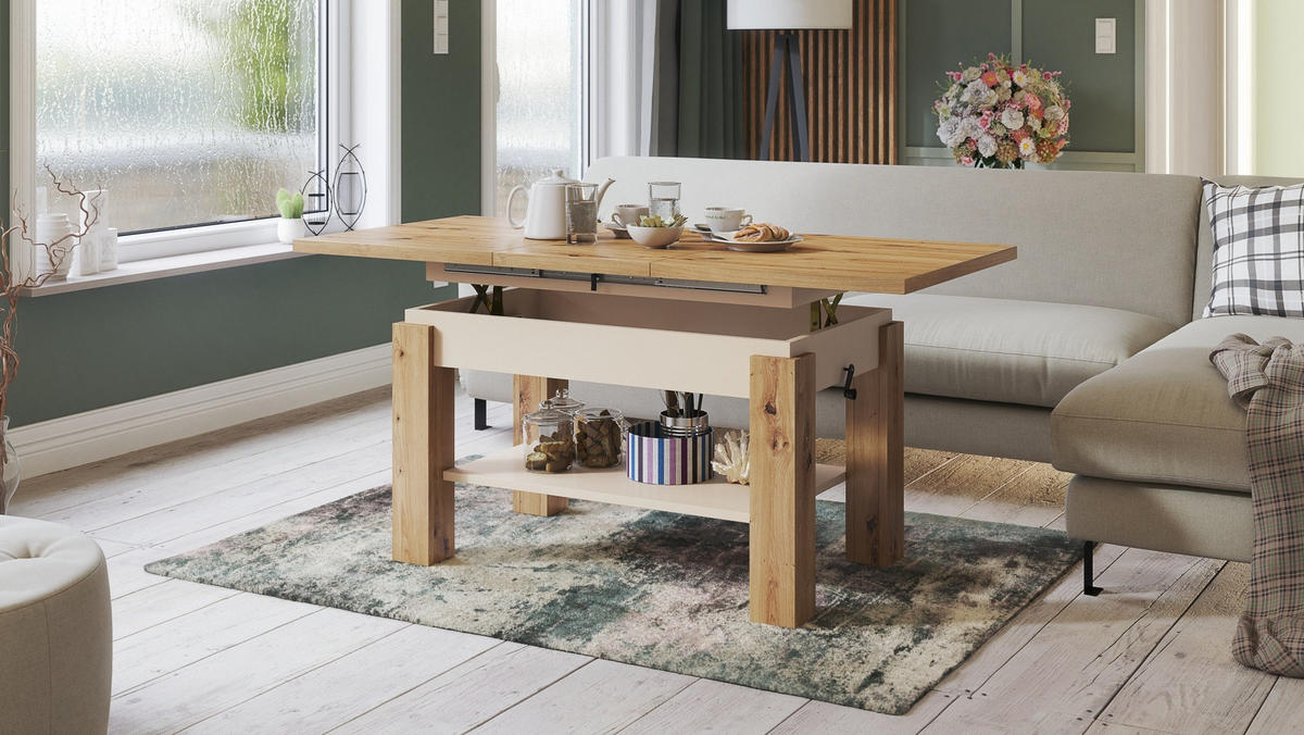 COUCHTISCH rechteckig Eiche Artisan - Beige ausziehbar höhenverstellbar - Beige/Eiche Artisan, Holzwerkstoff (68/110/59cm) - designimpex