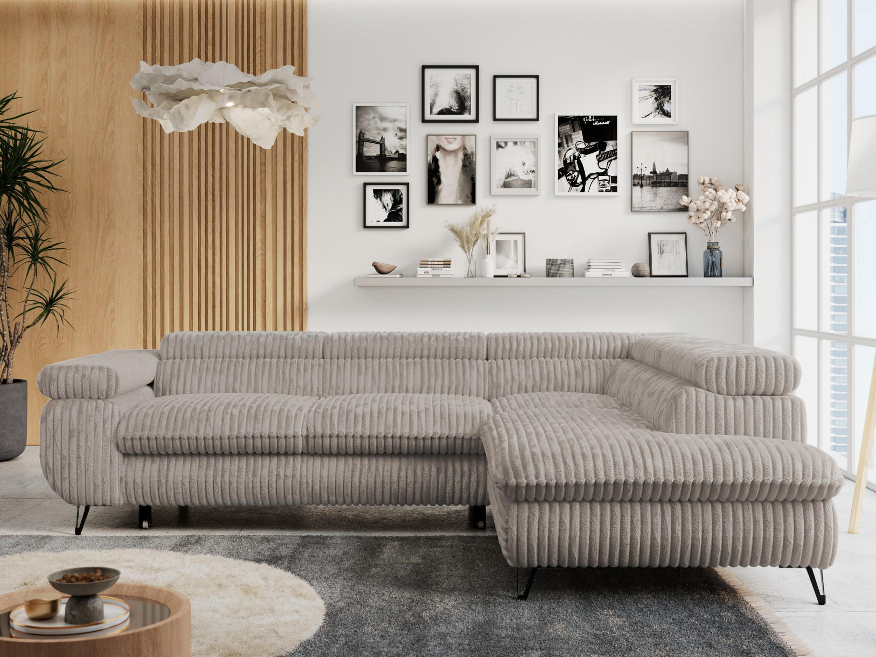 ECKSOFA PETER L Hellbraun Cord - Rechts Seite - Hellbraun/Schwarz, Textil/Metall (273/208cm) - MKS