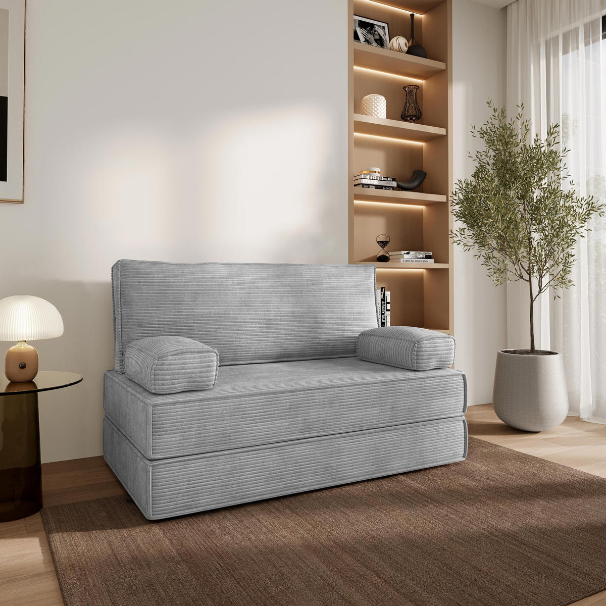 BETTSOFA LADIA aus Schaumstoff Cordstoff Hellgrau Schlaffunktion - Hellgrau, Textil (140/86/60cm) - MASSENO