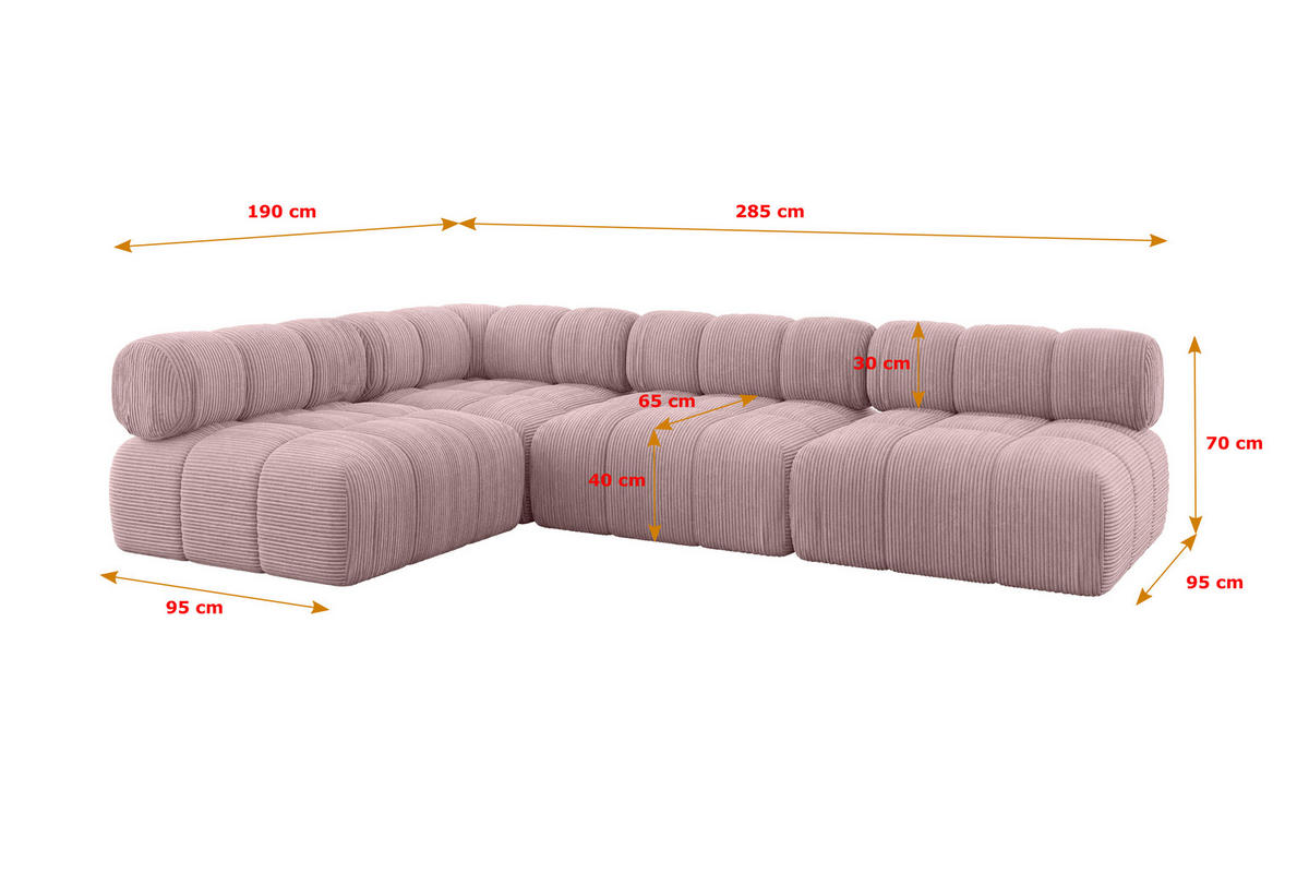 ECKSOFA modulares Sofa Samaro-L2 - 285x190x70 cm Rosa Cord - Rosa, Holzwerkstoff/Textil (285/190cm) - ALTDECOR