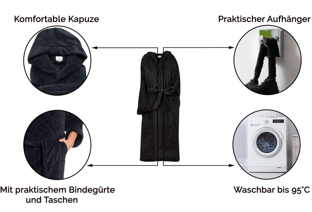BADEMANTEL, M, 100% Polyester, Schwarz - Schwarz, Textil (Mnull) - Zollner