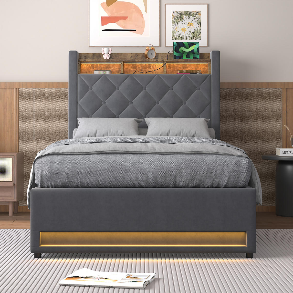 POLSTERBETT 90/200 cm aus Samt in Dunkelgrau, LED, USB, Kopfablage, Gasdruckstauraum - Grau, Textil (90/200cm) - OKMYHOME