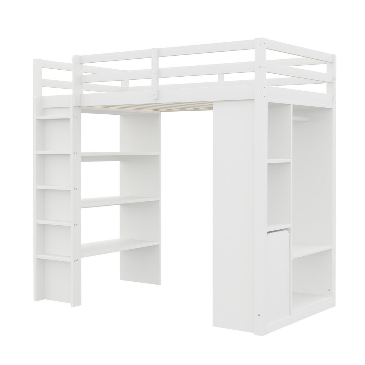HOCHBETT 90/200 cm DE-01422, in Weiß, mit Regalen, Kleiderbügeln und Organisationswagen - Weiß, Holz (90/200cm) - ComfortXL
