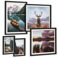 BILDER SET 5er Set - 50x50 cm & 20x30 cm & 40x60 cm Schwarzer Rahmen - Bergsee, Bootsfahrt, Sonnenuntergang, Hirsche - Schwarz, Kunststoff (40/60cm) - TULUP