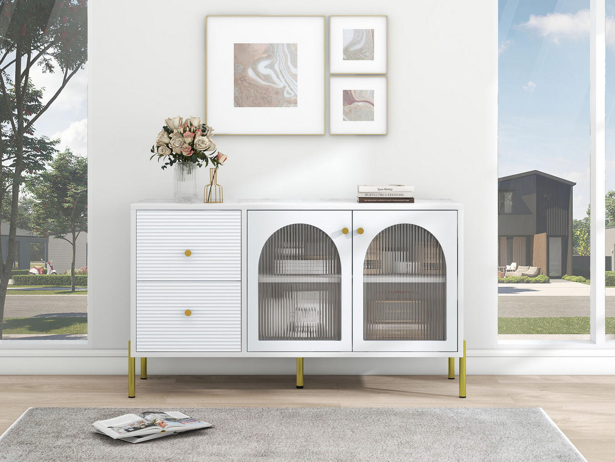SIDEBOARD mit Vitrine Marmor Glas Weiß - Weiß, Glas (40/73/120cm) - Urban Meuble
