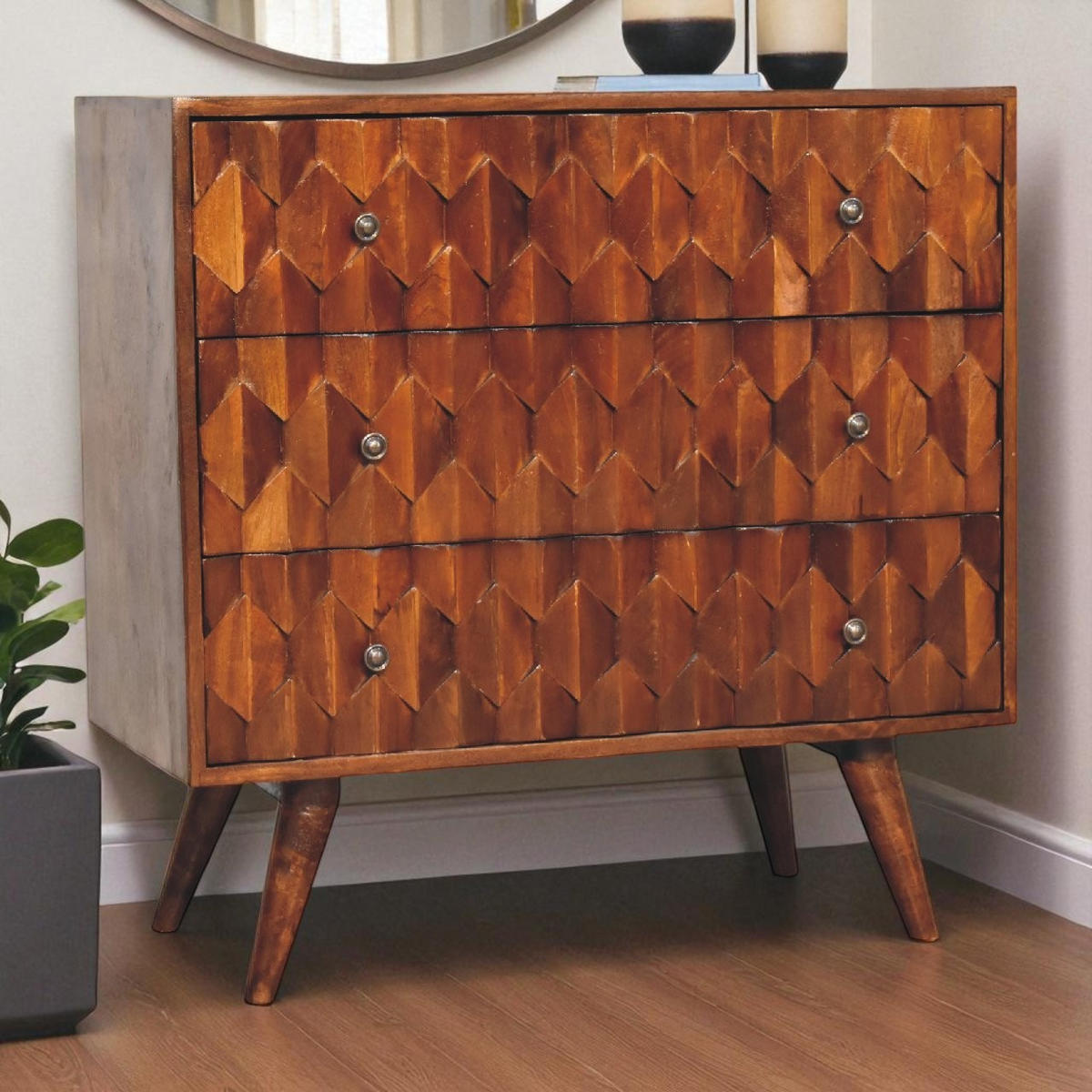 KOMMODE aus Massivholz, 3 Schubladen, Nordische Beine - Messingfarben/Braun, Holz/Metall (75/77/35cm) - Artisan Furniture