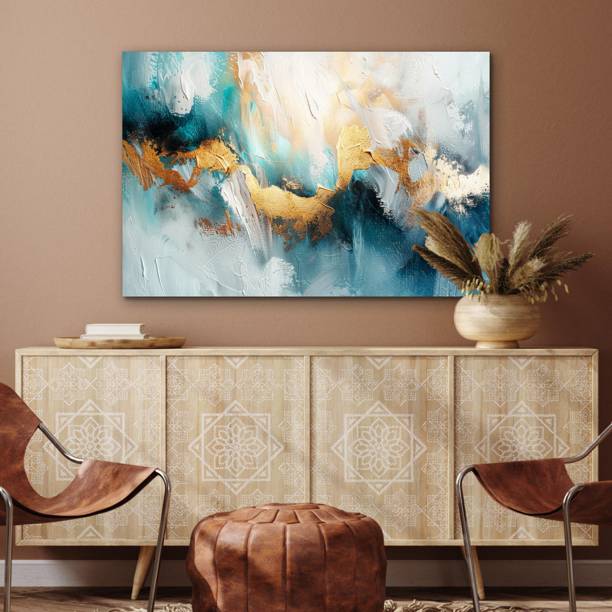 METALLBILD Abstrakt - Kunst - Gold - Blau 120x80 cm - Petrol, Metall (120/80cm) - MuchoWow