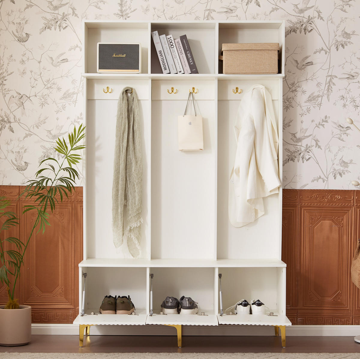 STANDGARDEROBE mit Sitzbank in Weiß, hochglänzend, B/T/H: 120/23,5/191,5 cm - Weiß, Holzwerkstoff (40/191/120cm) - BEAOK