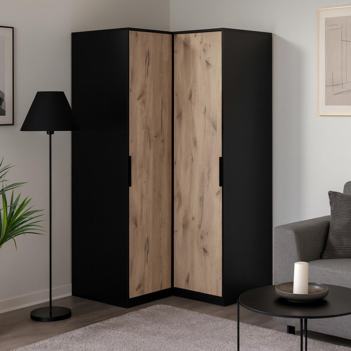 ECKSCHRANK Livo, Eckdrehtürenschrank mit 2 Türen, Schwarz+eiche Viking - Eichefarben/Schwarz, Holzwerkstoff (108.5/200/106.5cm) - Beautysofa