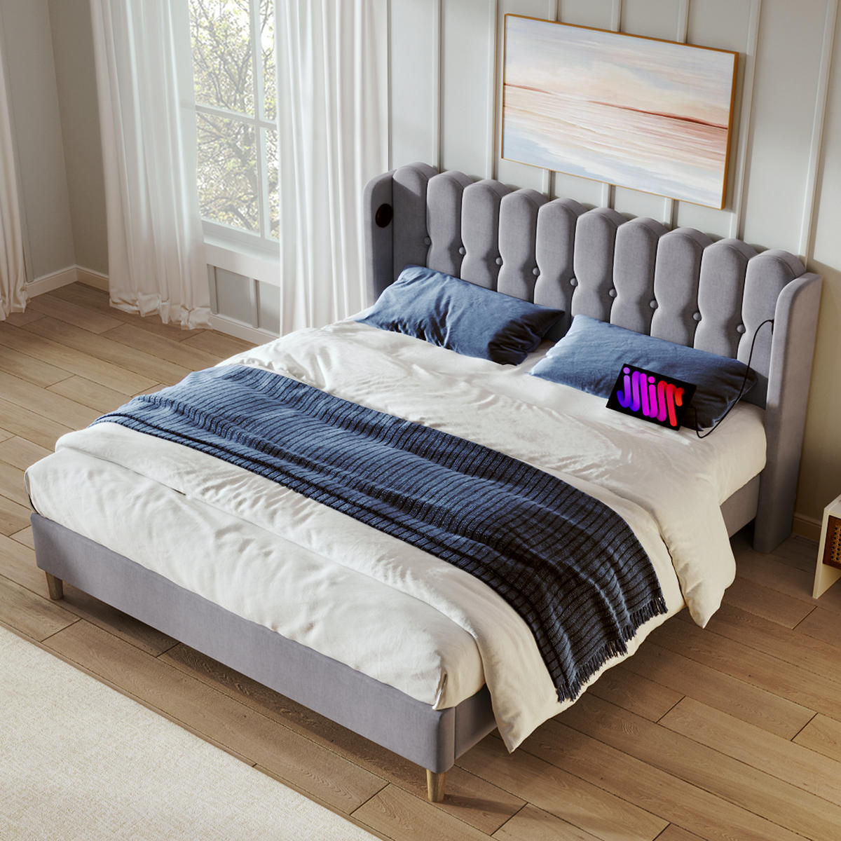 POLSTERBETT 180/200 cm Grau aus Leinen mit USB- und Typ-C-Ladefunktion - Grau, Textil (180/200cm) - OKMYHOME