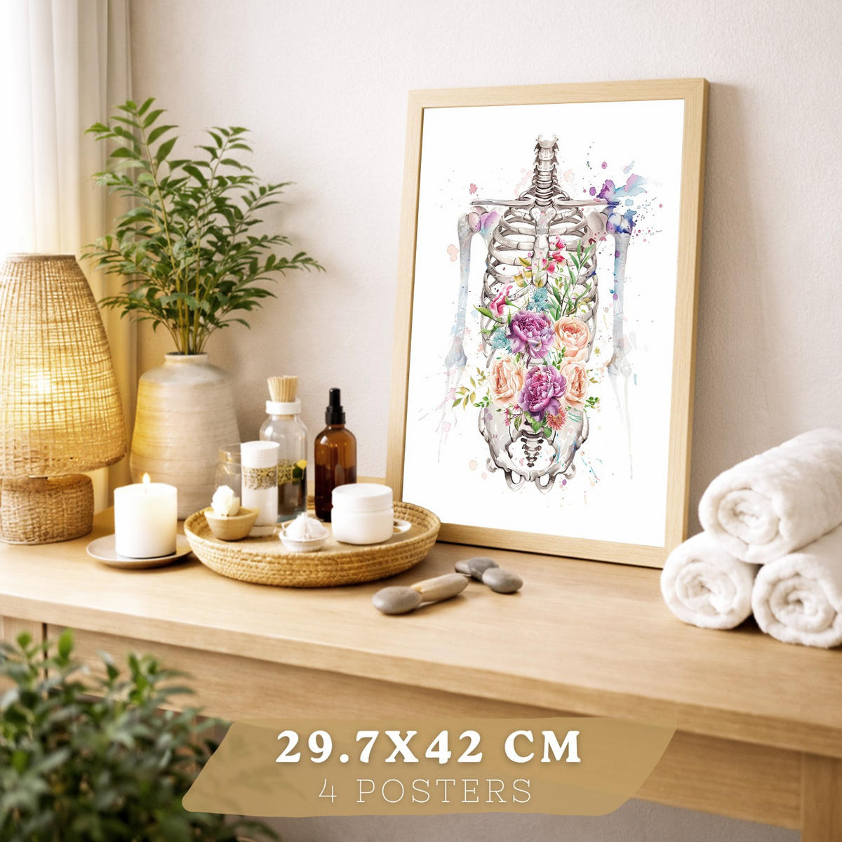 POSTER Set aus 4 Anatomie Mensch Drucke und mit Herz Gehirn Lungen Luftröhre Bronchien Wirbelsäule Florales Aquarell Design Größe Rahmenlos A3 - Klar, Papier (29.7/42/3cm) - Nacnic