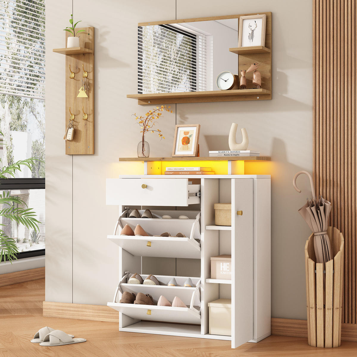 GARDEROBENSET 105/25/151,5 cm weiß aus Spanplatte mit LED und Spiegel - Weiß, Holzwerkstoff (105/151.5/25cm) - OKWISH