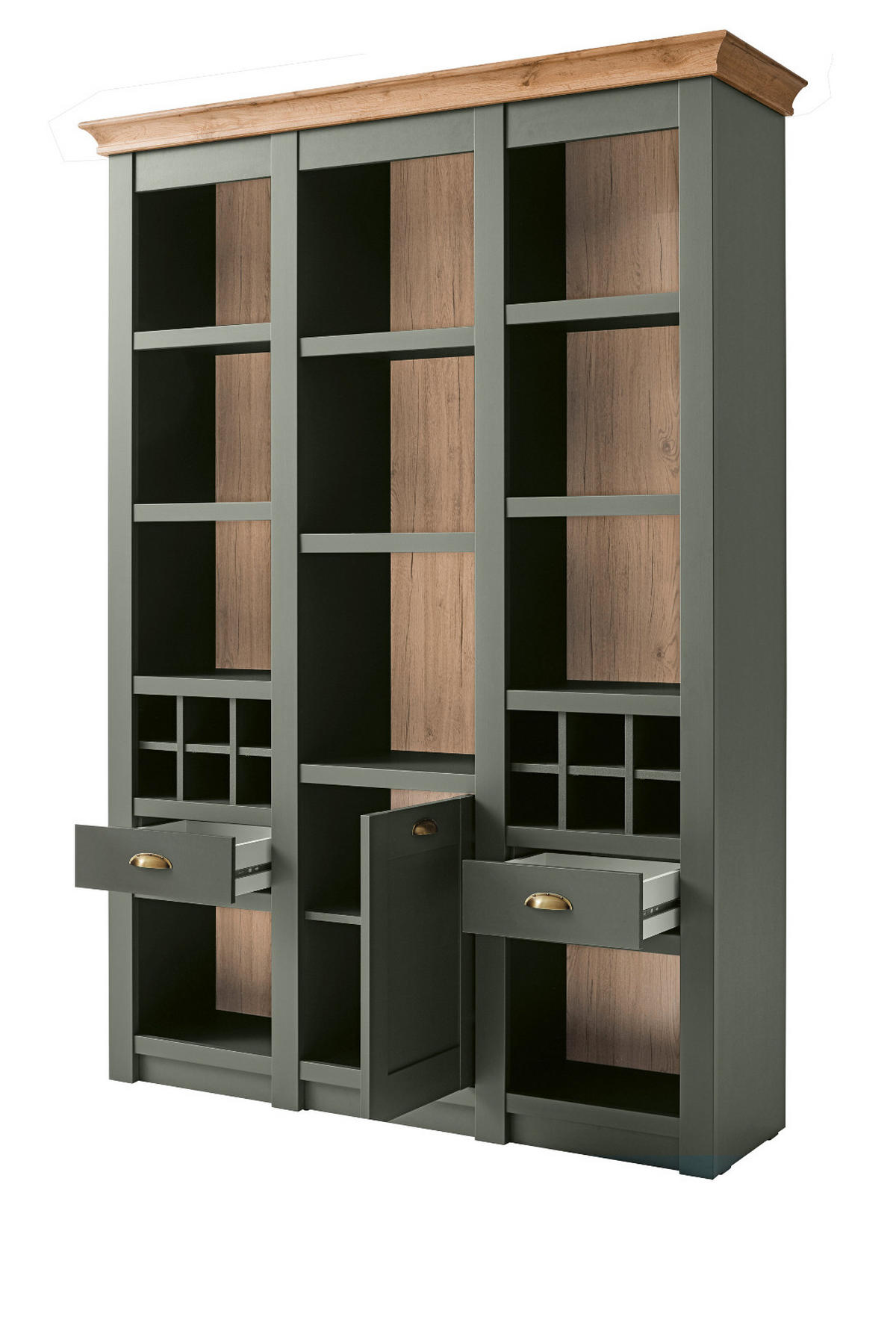 REGAL grün, Wotan Eiche Landhaus, Regalschrank mit Weinregal - Dunkelgrün/Messingfarben, Holzwerkstoff/Metall (147/207/45cm) - Furn.Design