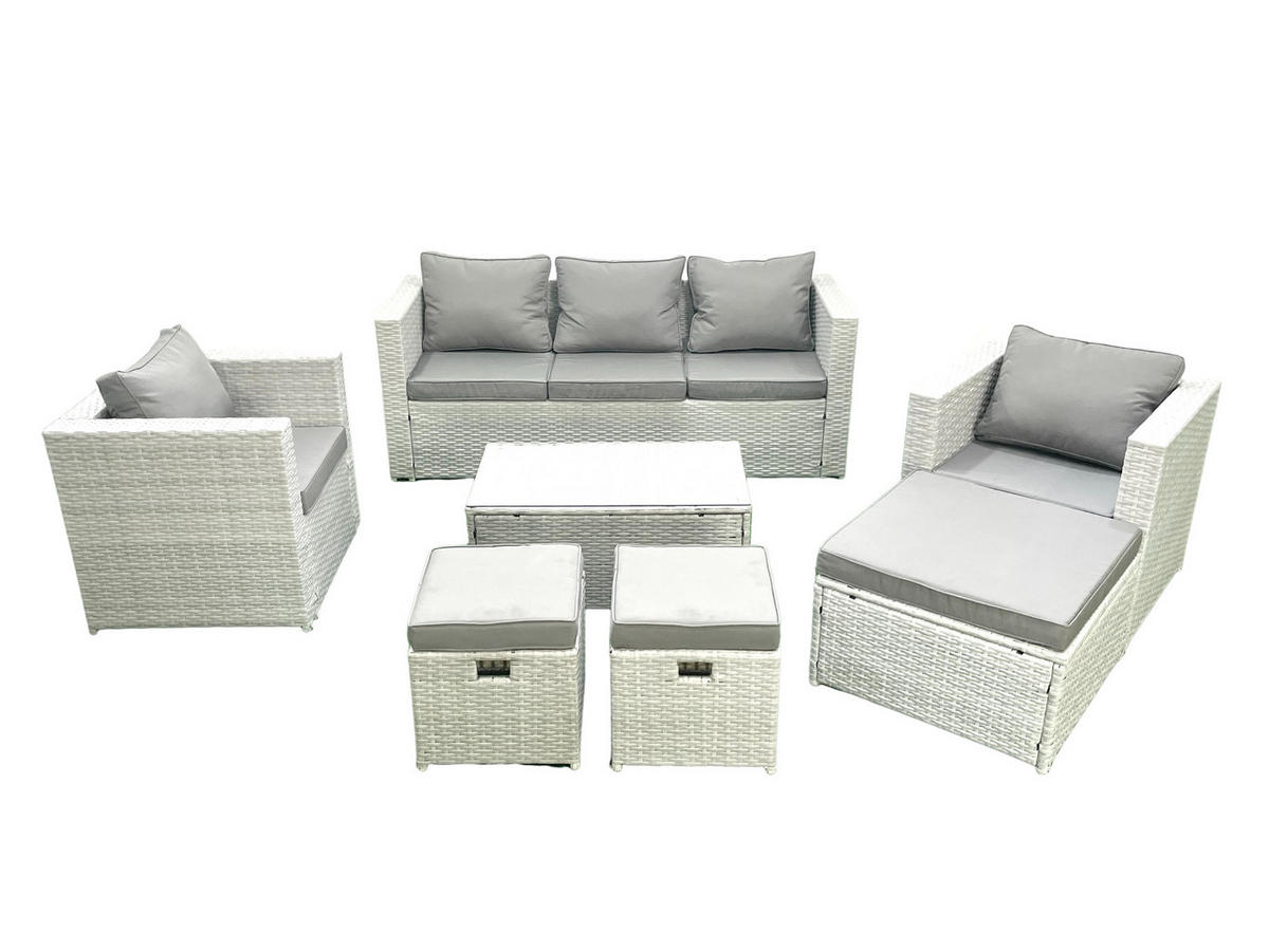 GARTENMÖBELSET mit 3-SITZER SOFA,COUCHTISCH Polyrattan Hellgrau-Mix 8-Sitzer - Hellgrau/Grau, Glas/Kunststoff - Fimous