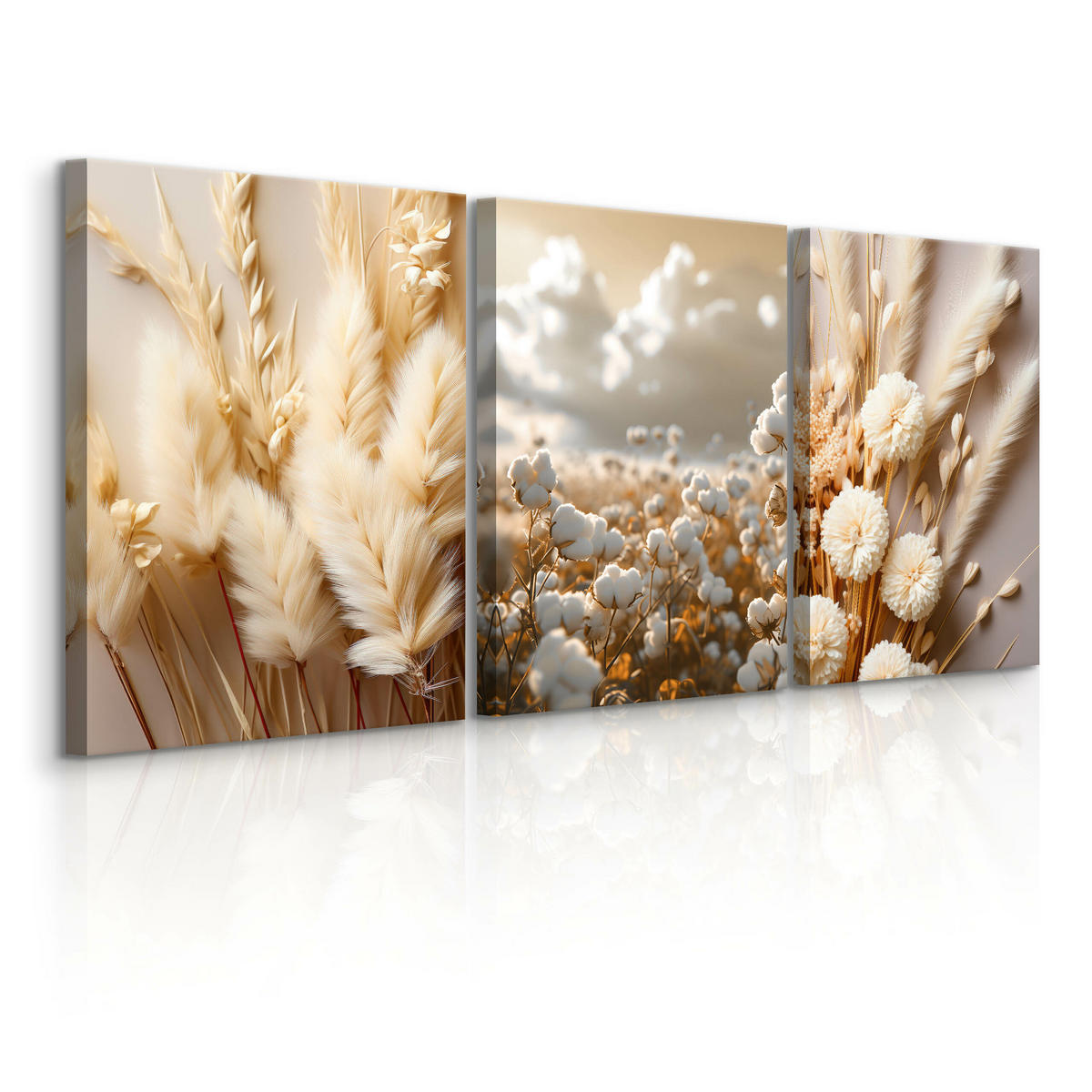 LEINWANDBILDER 3-es Set Blumen 3D Natur - Beige/Weiß, Textil (90/40cm) - Muralo