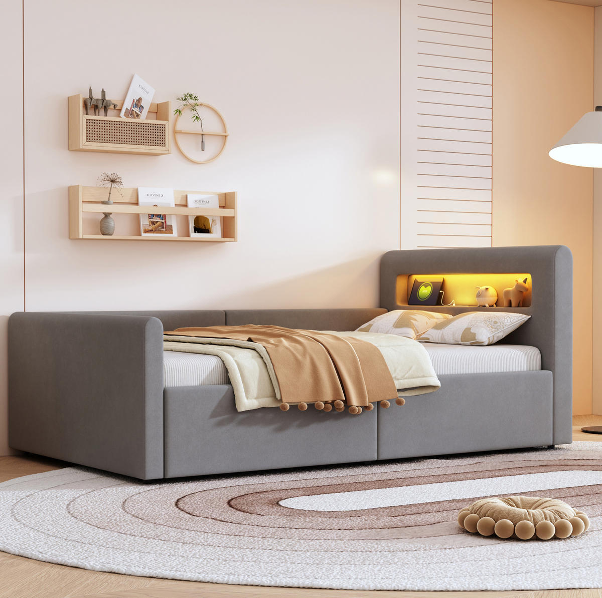 KINDEREINZELBETTEN aus Samtstoff 90 x 200 cm in Hellgrau mit LED, USB & Stauraum - Hellgrau, Textil (90/200cm) - Modfu