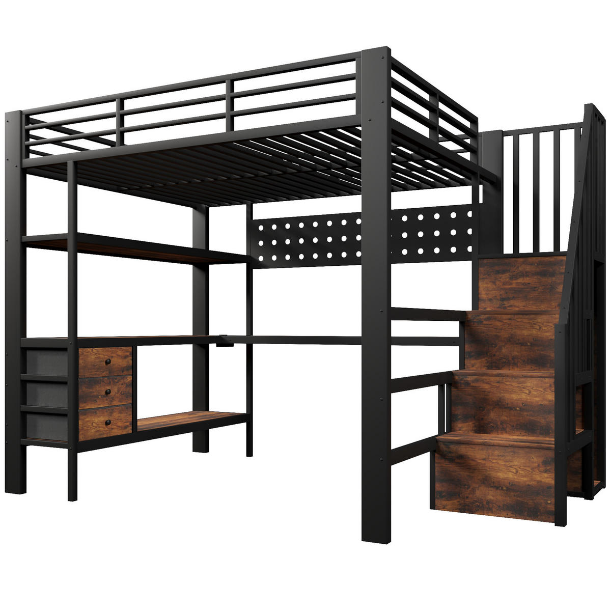 HOCHBETT 140/200 cm schwarz aus MDF und Metall mit Schreibtisch Stauraum LED und Steckdose - Schwarz, Holzwerkstoff (140/200cm) - OKWISH