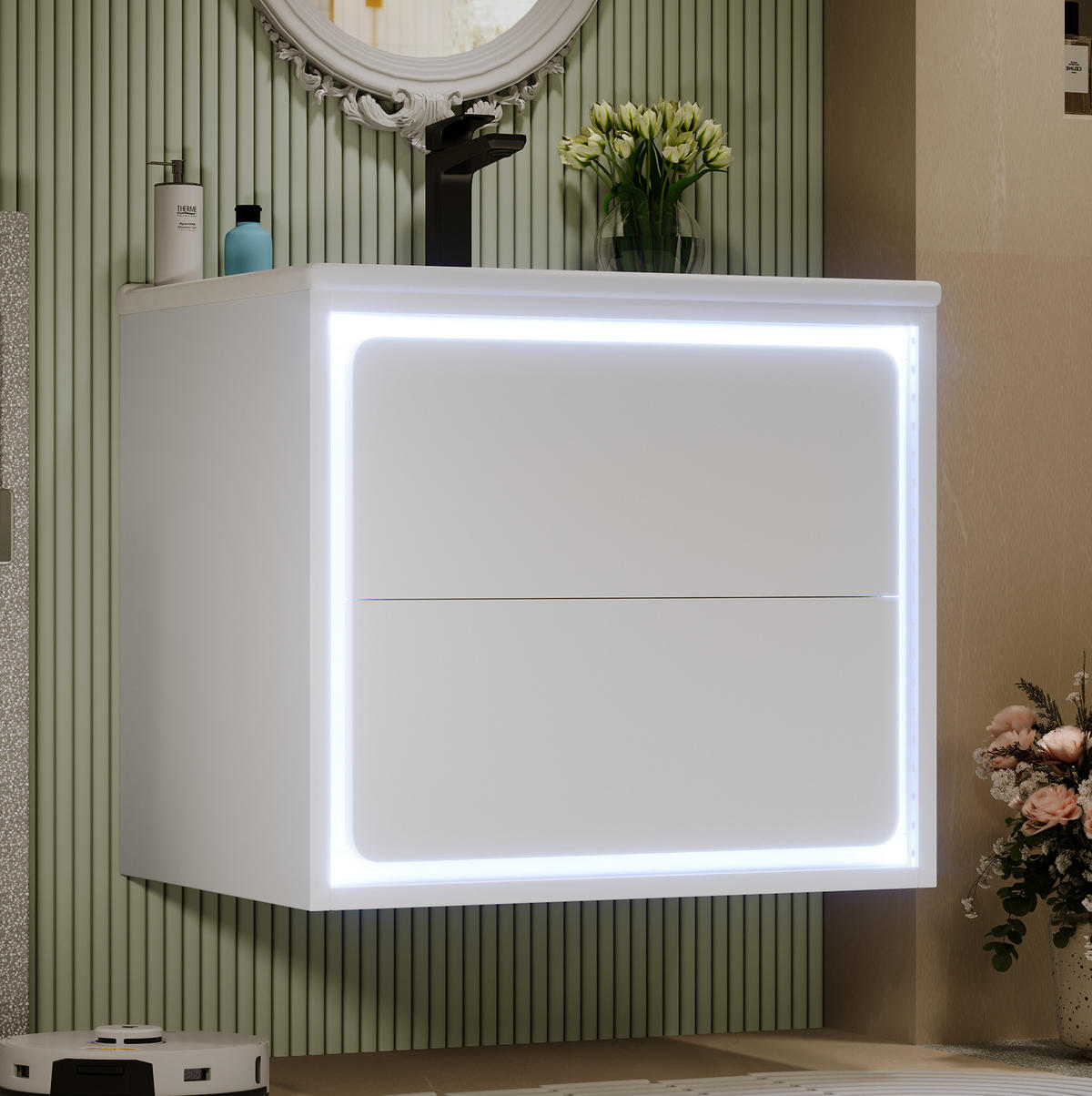 WASCHTISCHKOMBI 60/46/50 cm in Weiß mit LED-Sensorlicht und 2 Schubladen - Weiß, Holzwerkstoff (60/50/46cm) - BEAOK