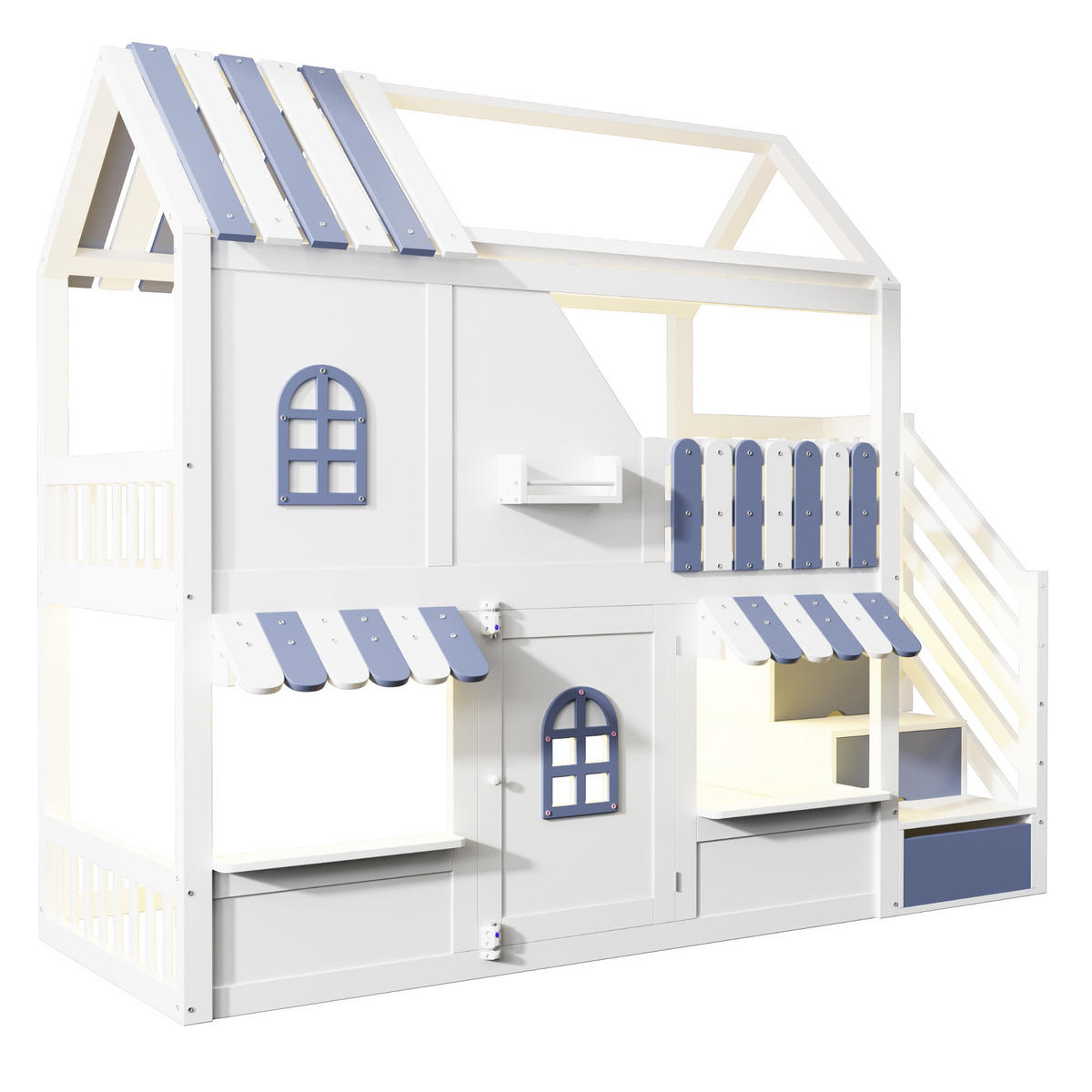 ETAGENBETT Hausdesign Weiß Blau - Blau, Holz (90/200cm) - ComfortXL