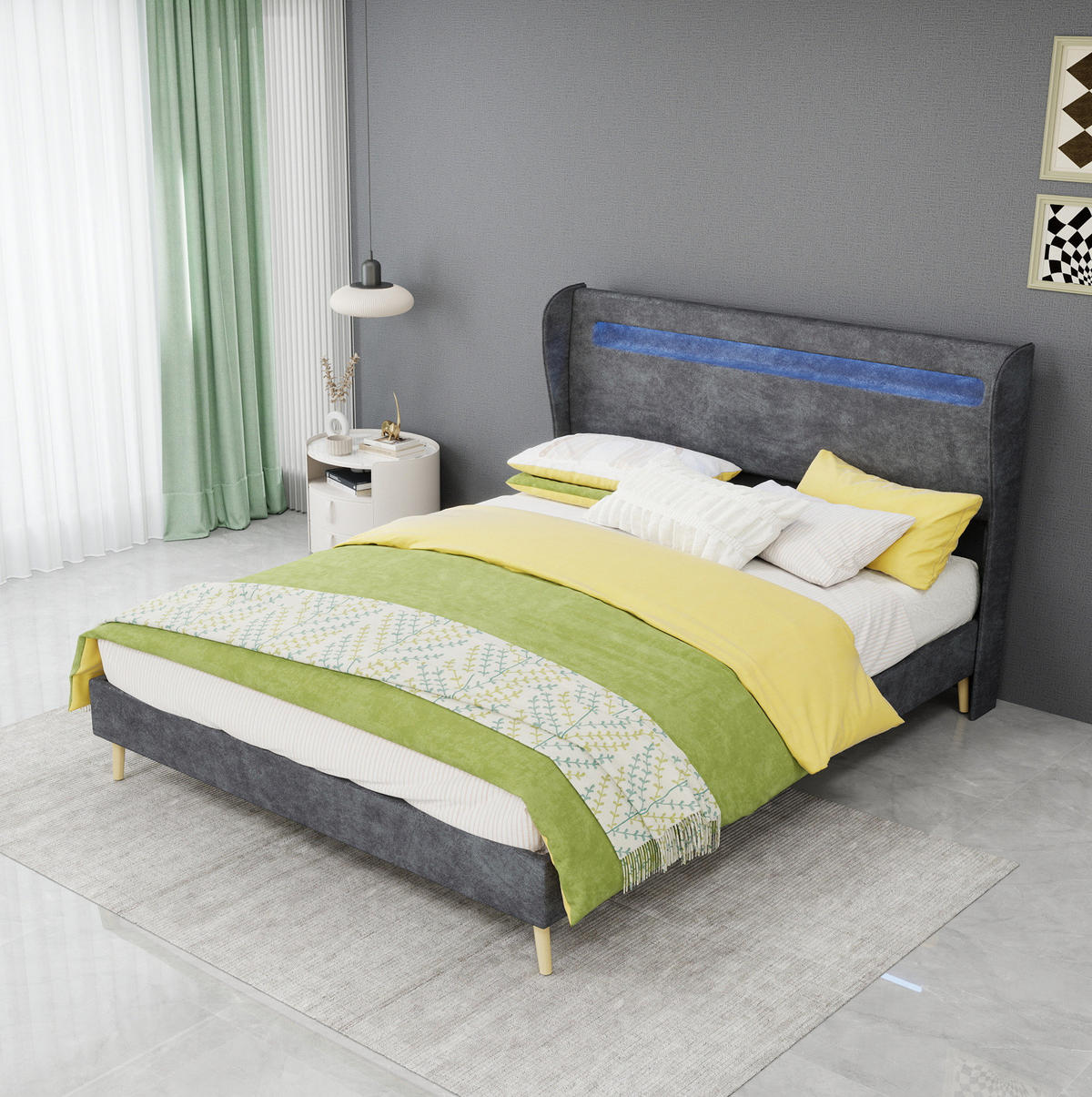 POLSTERBETT 140/200 cm mit LED-Beleuchtung, verstellbarer Rückenlehne und Matratze, Grau - Grau, Textil (140/200cm) - Redom