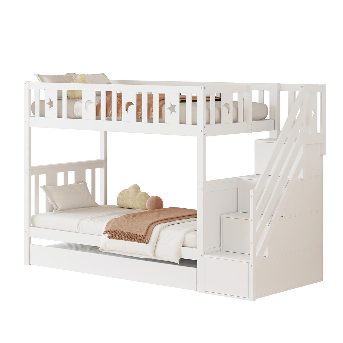 ETAGENBETT 90/200 cm Weiß mit Ausziehbett und Stauraumtreppe - Weiß, Holzwerkstoff (90/200cm) - Flora Grace