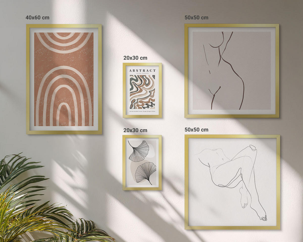 WANDBILDER 5er Set - 50x50 cm & 20x30 cm & 40x60 cm Goldrahmen - Abstrakte Boho-Blattformen - Goldfarben, Kunststoff (40/60cm) - ArtPrintCave