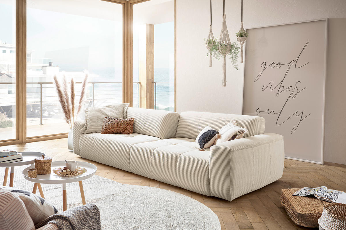 SOFA MIT SITZTIEFENVERSTELLUNG PALACE Weiß Cord - Weiß, Textil (298/74/120cm) - KAWOLA