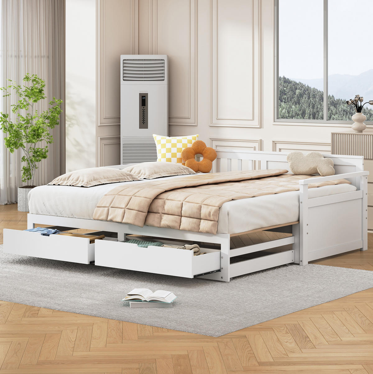 HOLZBETT 90/190 cm aus Kiefer massiv in Weiß – inkl. Ausziehbett und 2 Schubladen - Weiß, Holz (180/190cm) - BEAOK