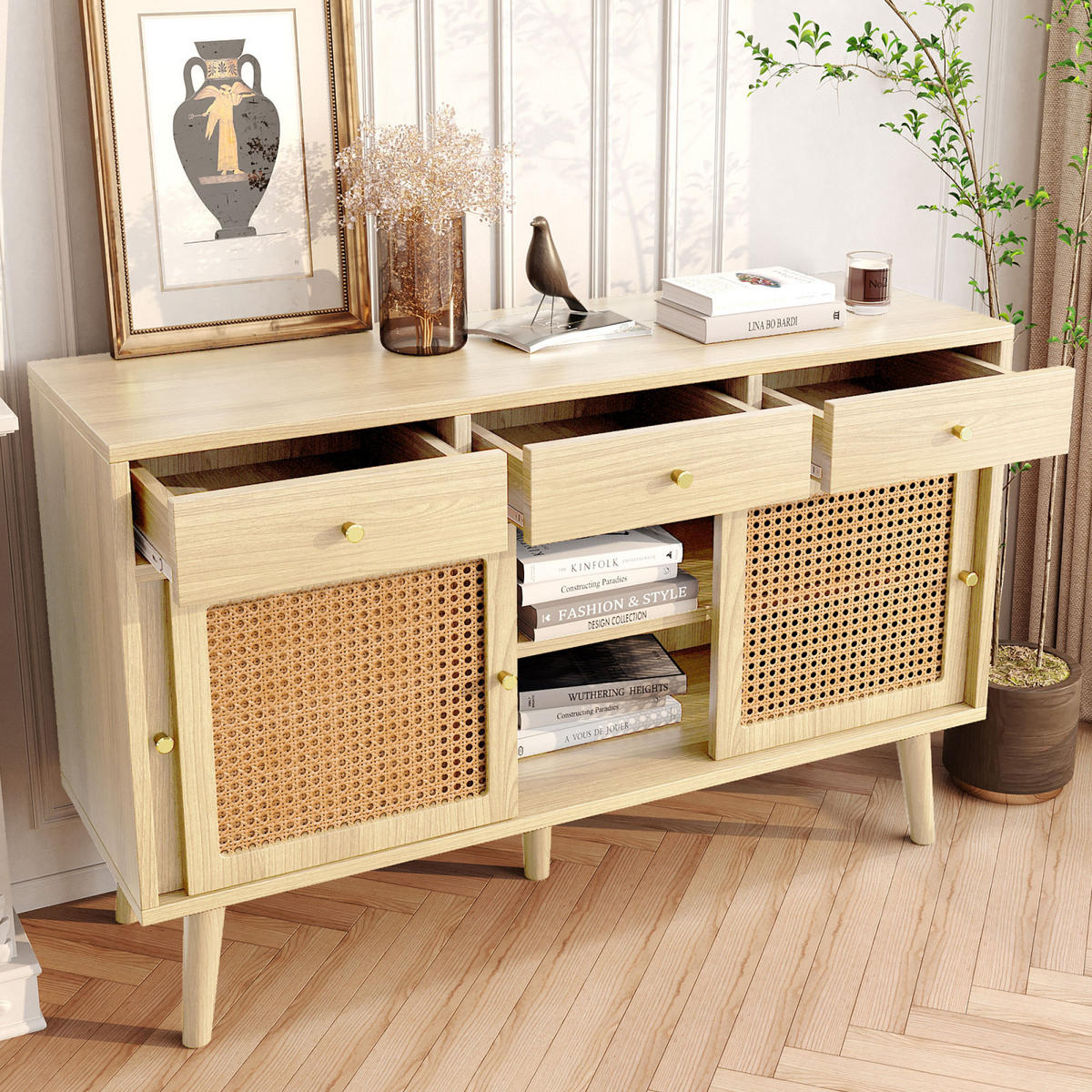 SIDEBOARD 120x40x78 cm, 3 Schubladen, Schiebetüren, Eiche - Kastanienfarben, Holz (120/78/40cm)