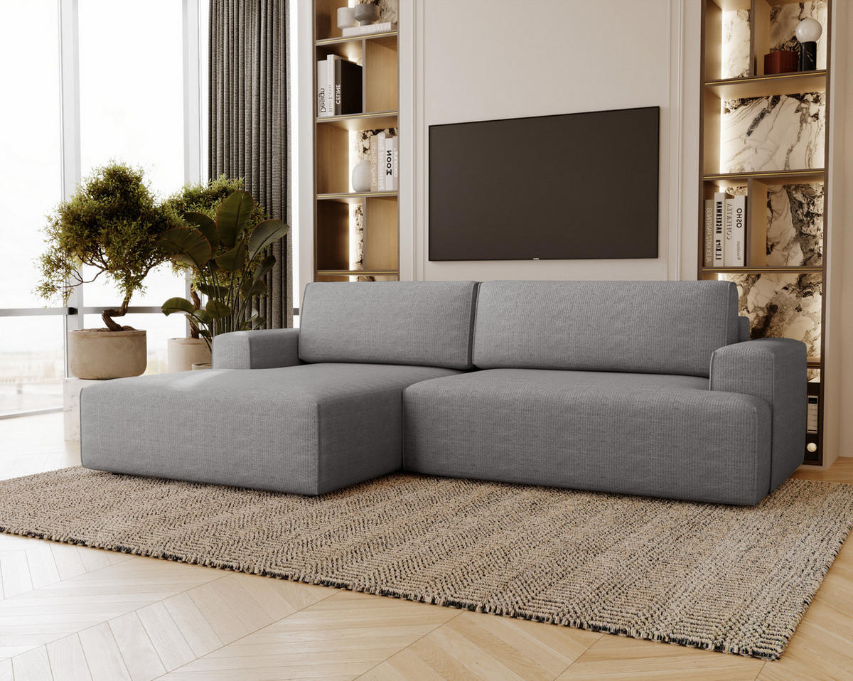 ECKSOFA L-Form 270 cm Boston mit Bettkasten, Schlaffunktion, Links, Grau - Grau, Holz (165/270cm) - Emporius