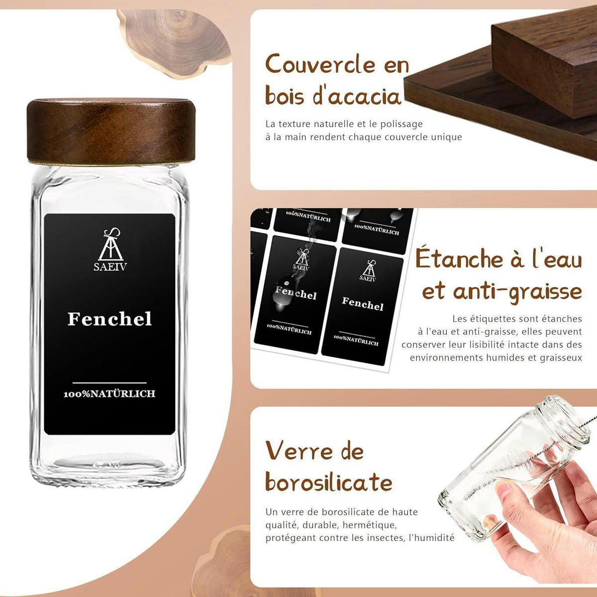 GEWÜRZGLÄSER Set 12-teilig mit Akazienholzdeckel 120ml - Braun, Holz (4.5/10.5/4.5cm)