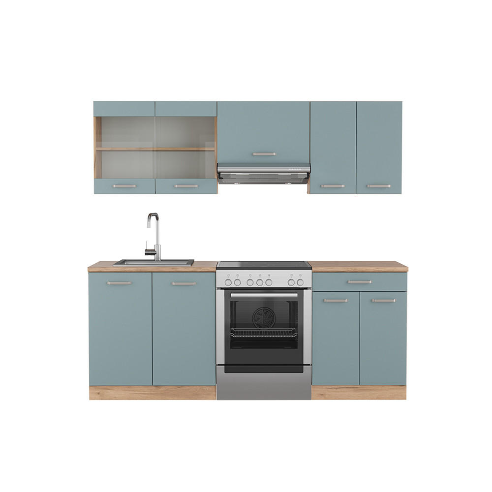 KÜCHE R-Line Blau-Grau/Goldkraft Eiche 200 cm ohne AP - Eiche Wotan/Blaugrau, Holzwerkstoff (200/81.6/46cm) - Vicco