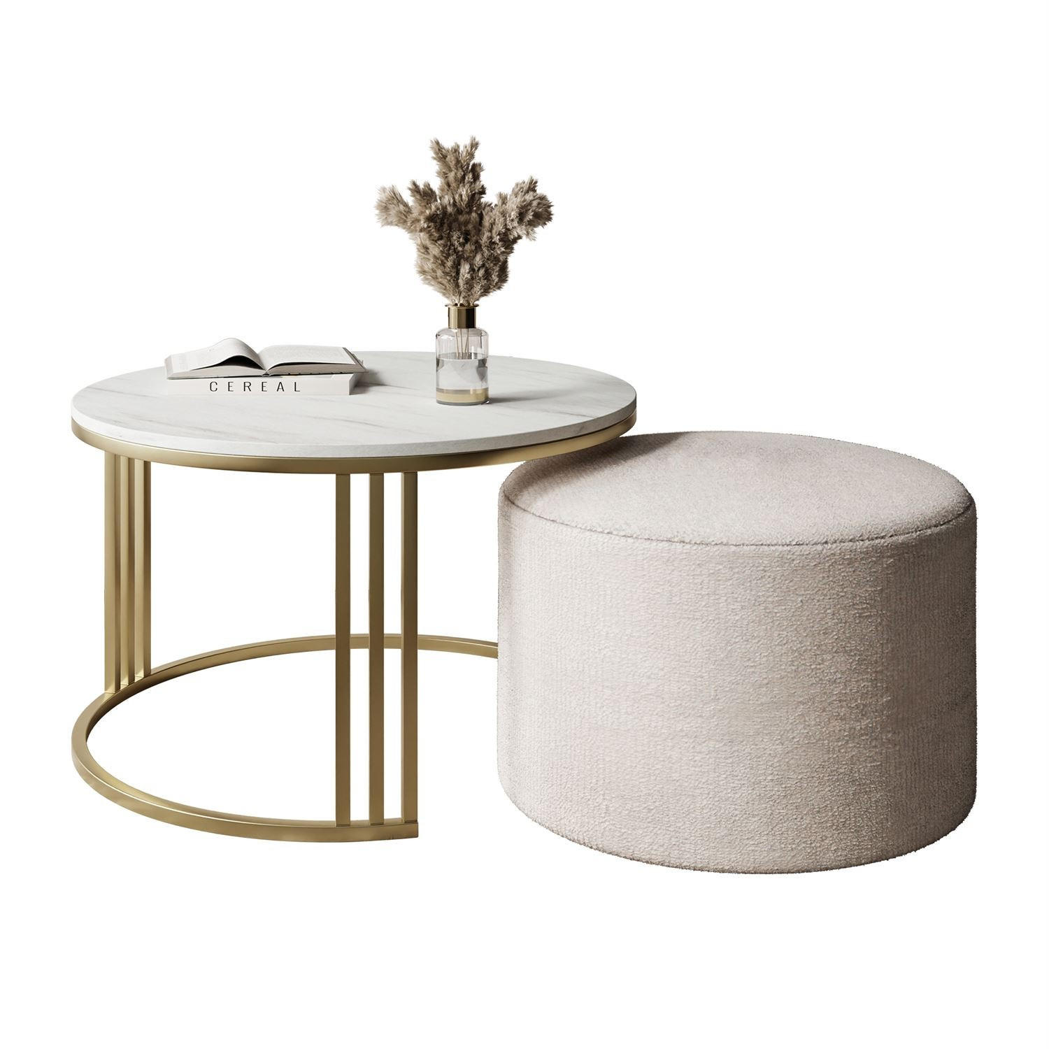 COUCHTISCH mit Hocker LORI MAT gebürstetes Gold/Marmor Levanto/Perfect Harmony 01 - Weiß, Metall (70/70/49cm) - Lookway