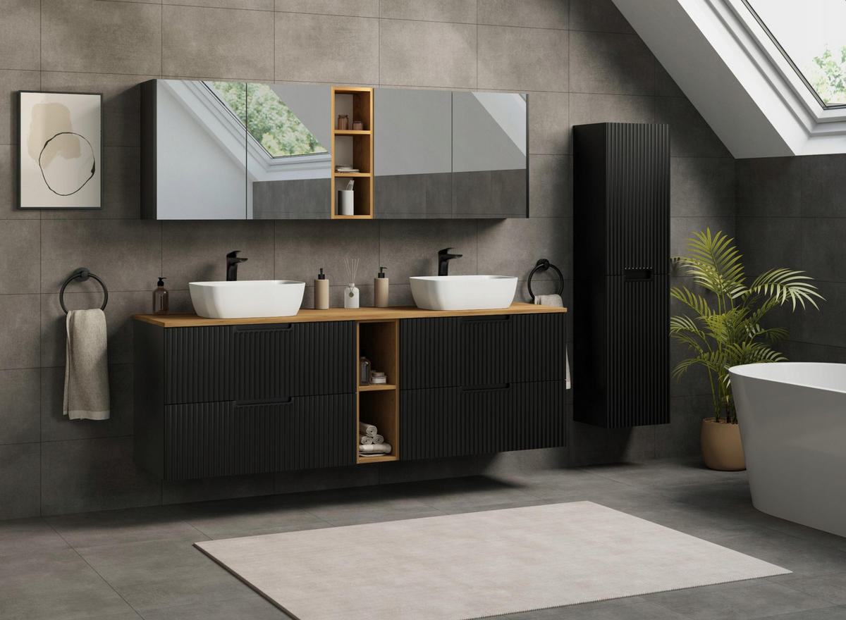 WASCHBECKUNTERSCHRANK VENA 160 cm mit Arbeitsplatte Farbe: Matt schwarz Geriffelte Vorderseite Matt schwarz - Schwarz, Holzwerkstoff (160/58/46cm) - Rodan