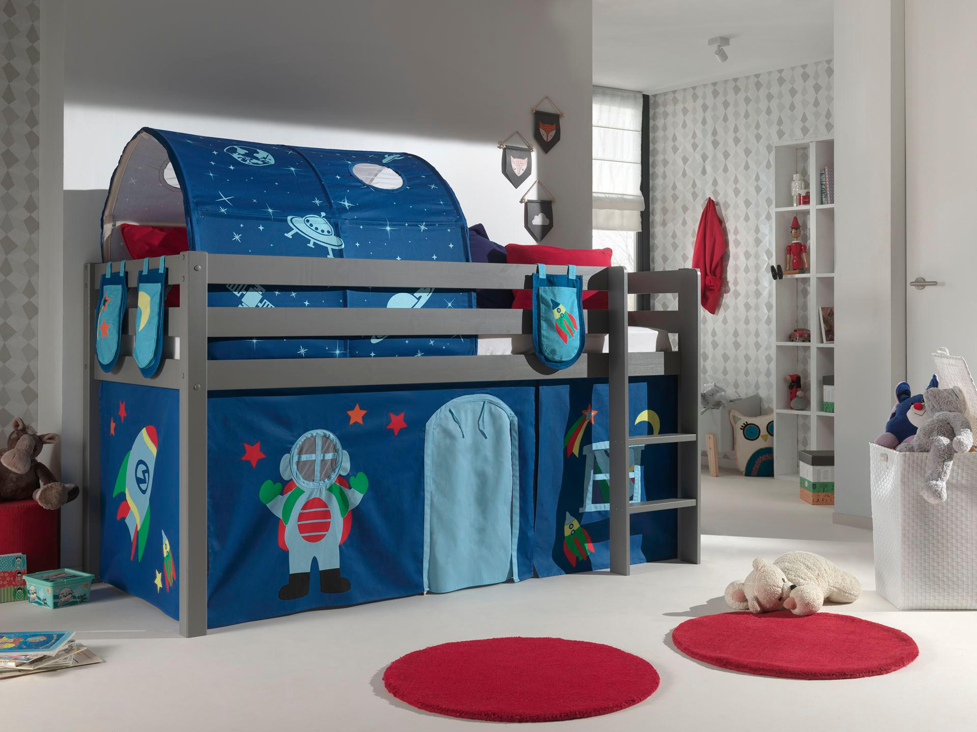 KINDERBETT Karolina 210x114x106 Massivholz Grau Textilset Astro 4 - Blau/Grau, Holz (90/200cm) - 58aufmkessel