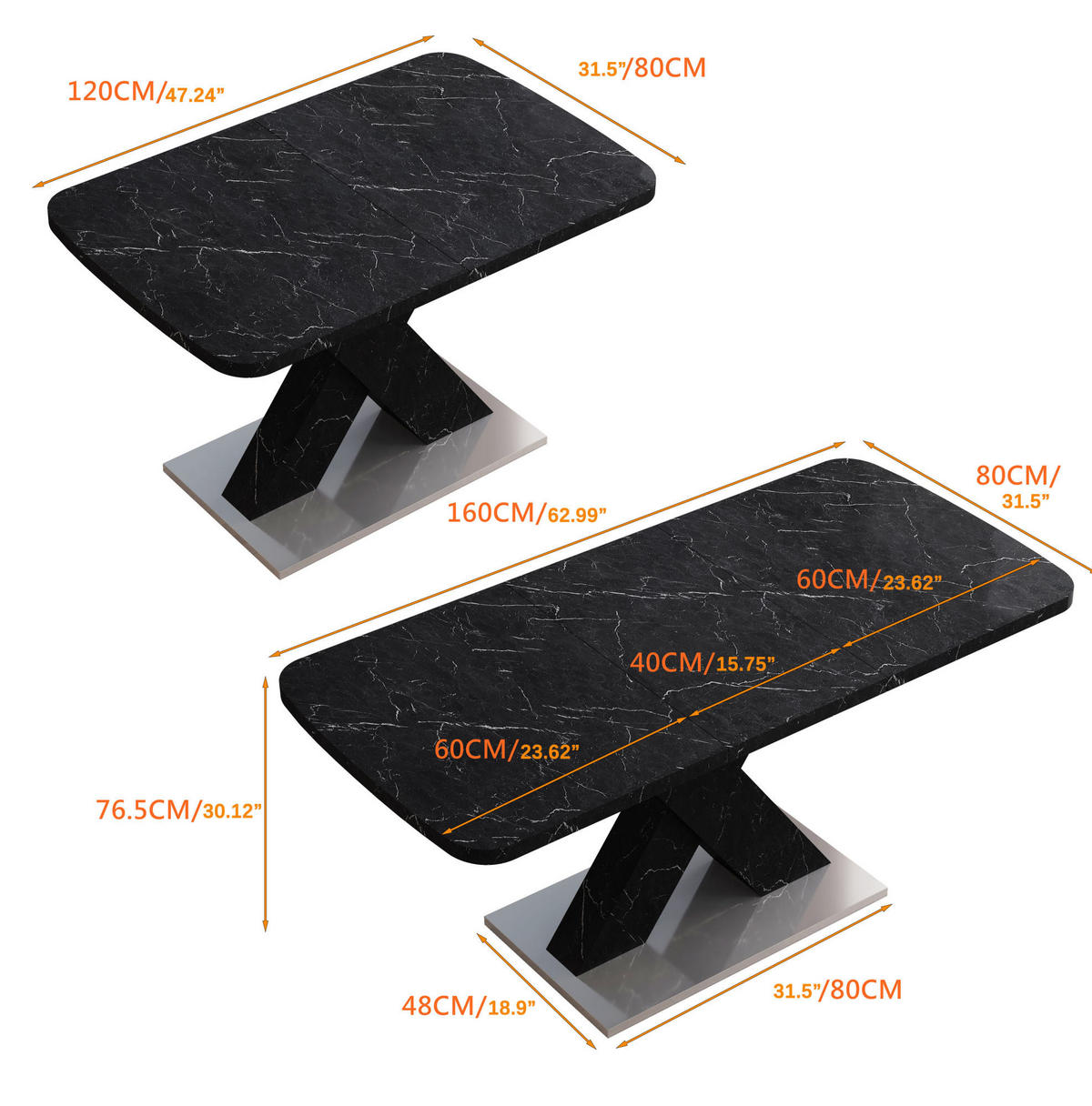ESSTISCH aus MDF und Stahl 120-160x80x76,5 cm Schwarz ausziehbar mit Marmoroptik und X-Gestell - Schwarz, Holzwerkstoff (160/80/76.5cm) - Modfu