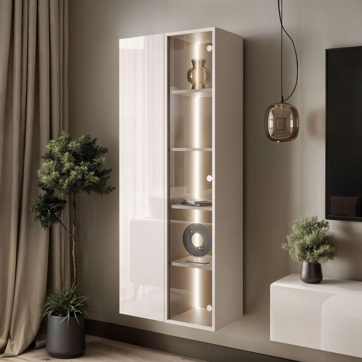 VITRINE CARMEN, hängend mit LED-Beleuchtung - Kaschmir, Holzwerkstoff (60/150/30cm) - Lookway