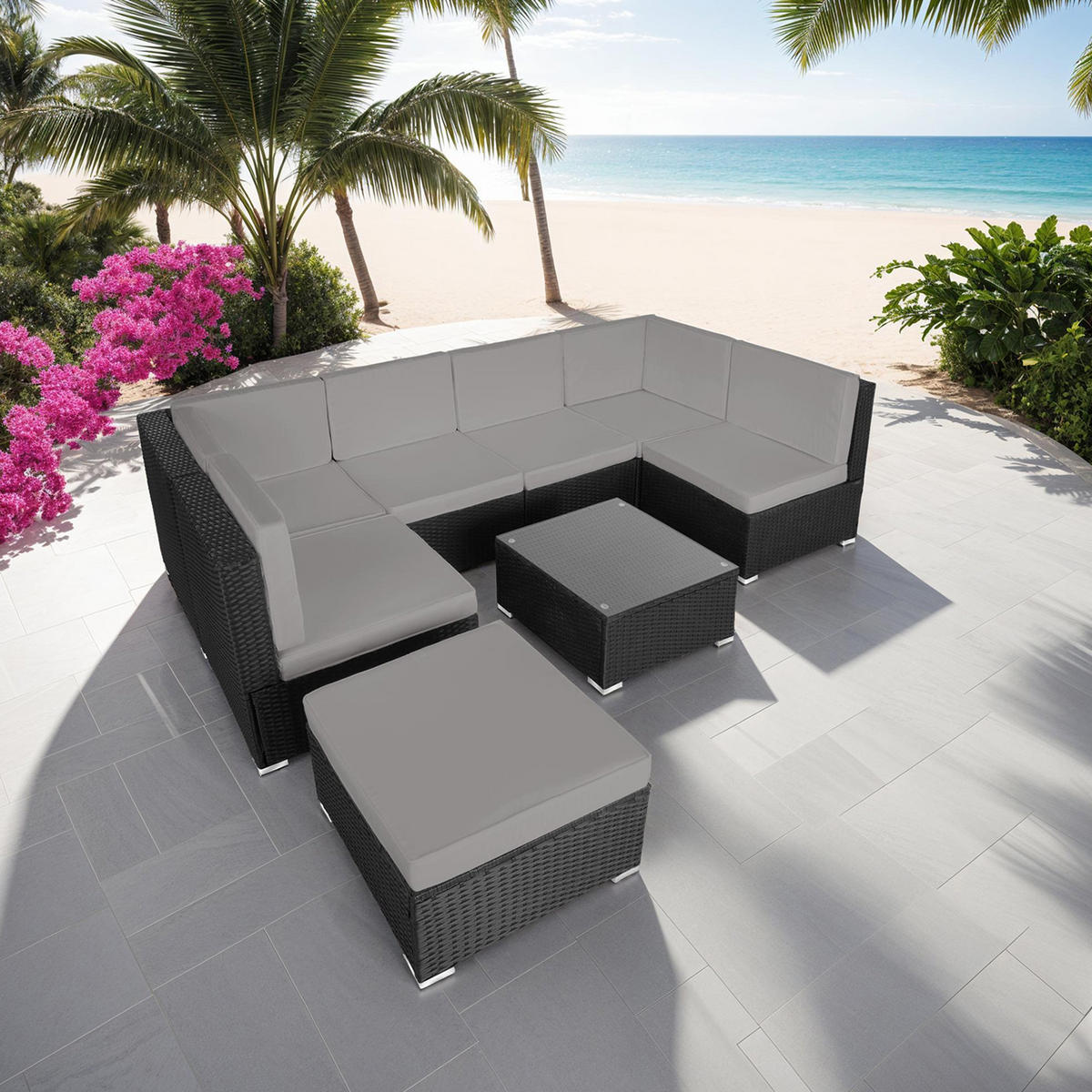 RATTANLOUNGE Venedig,mit Sicherheitsglasplatte,schwarz/grau - Schwarz/Grau, Kunststoff - tectake