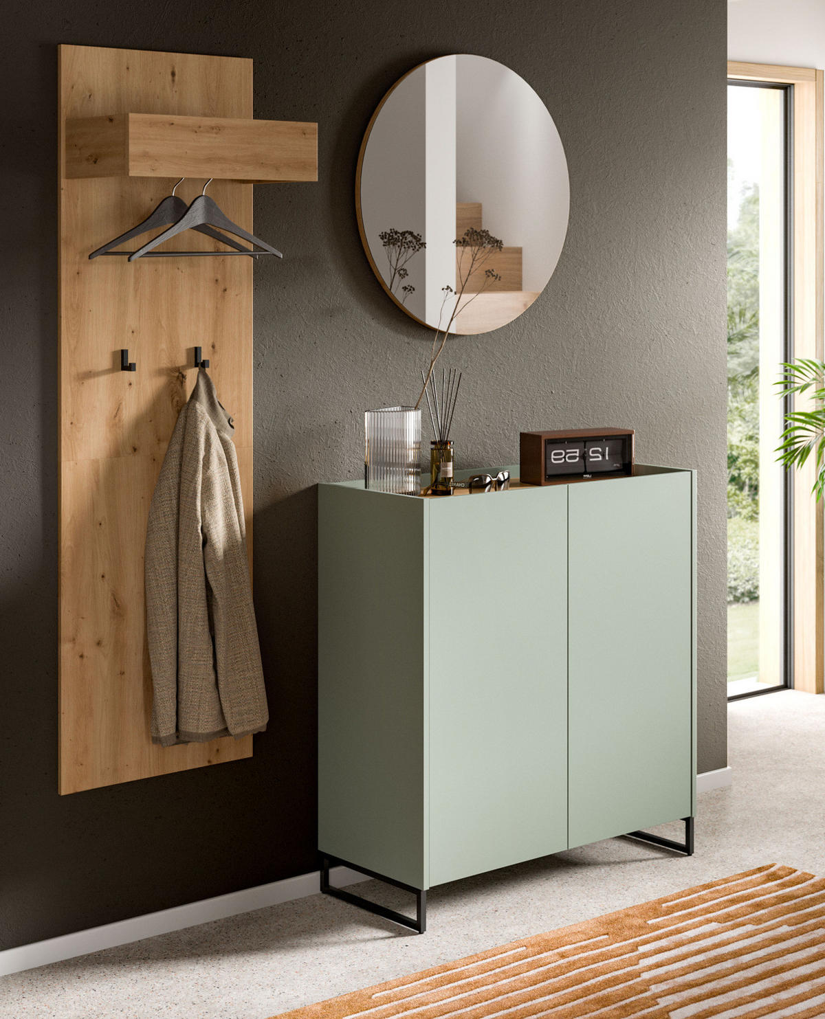 GARDEROBE-SET Salbei und Artisan Eiche, Garderobe 3-teilig, 155 x 197 cm, Soft-Close, Borga - Salbeigrün/Schwarz, Holzwerkstoff/Metall (155/197/38cm) - Inn.Furn