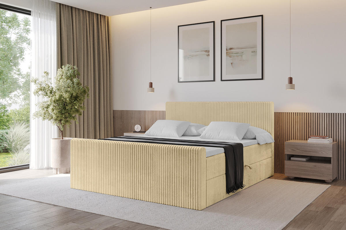 BOXBETT mit Matratze H4 und Lattenrost - TOLO-Z - 200x200 Cord - Ecru - Ecru, Holzwerkstoff (200/200cm) - ALTDECOR