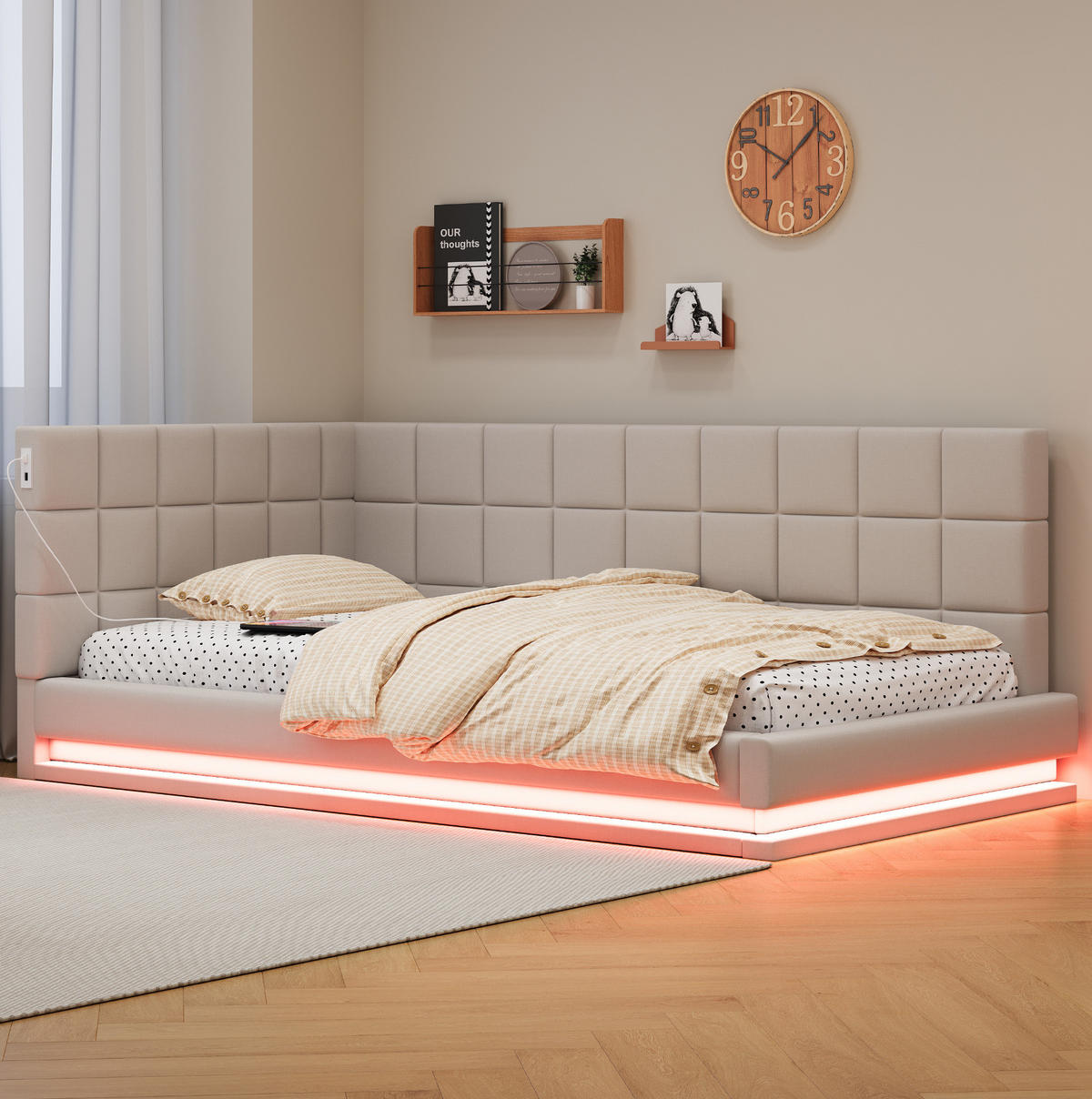 POLSTERBETT mit LED-Beleuchtung 90/200 cm mit USB und Lattenrost, Beige - Beige, Textil (90/200cm) - BEAOK