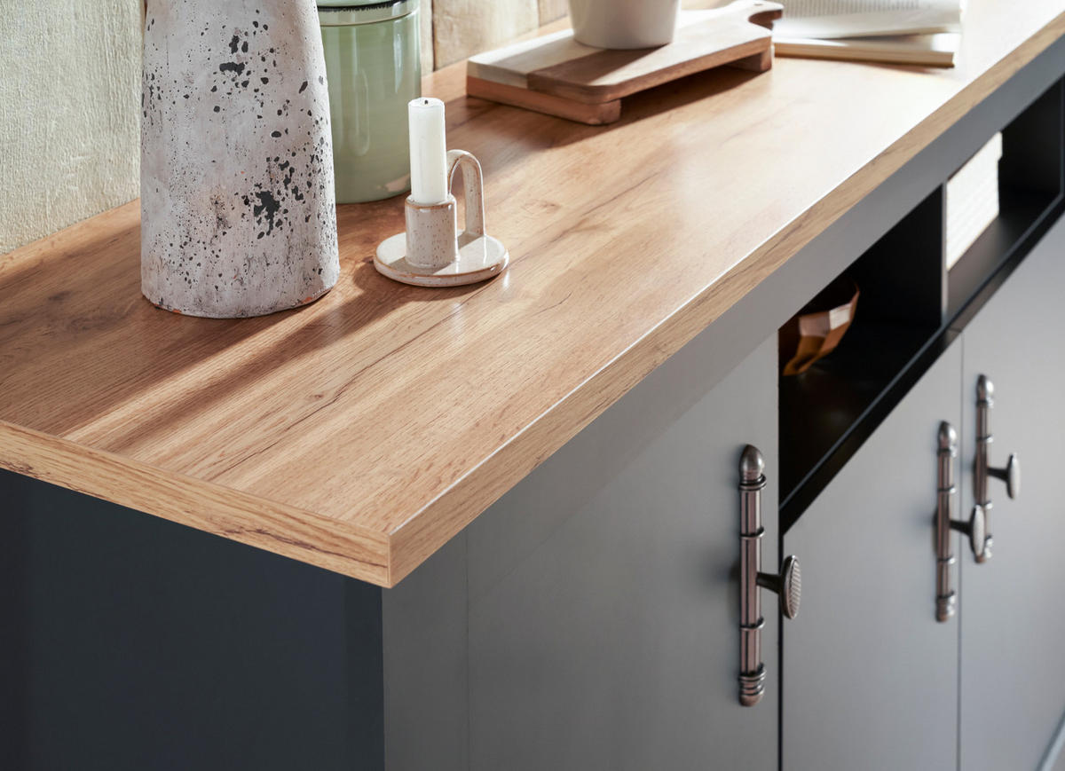 ESSZIMMER-SET 2-teilig grau, Eiche Wotan, Landhaus, Wohnkombination mit Soft-Close - Silberfarben/Eiche Wotan, Glas/Holzwerkstoff (200/201/45cm) - Furn.Design