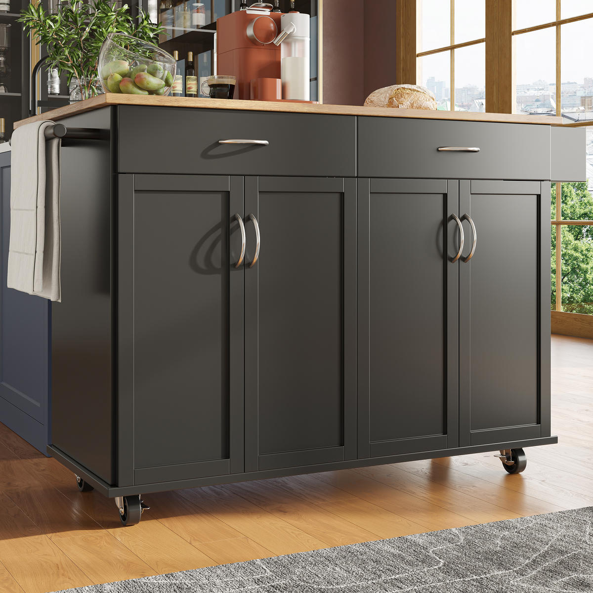 KÜCHENINSEL in Schwarz und Naturfarben Servierwagen mit Schubladen für Küche und Esszimmer, B106/T50/H90.5 cm - Schwarz, Holzwerkstoff/Metall (106/90.5/50cm) - STILVORA