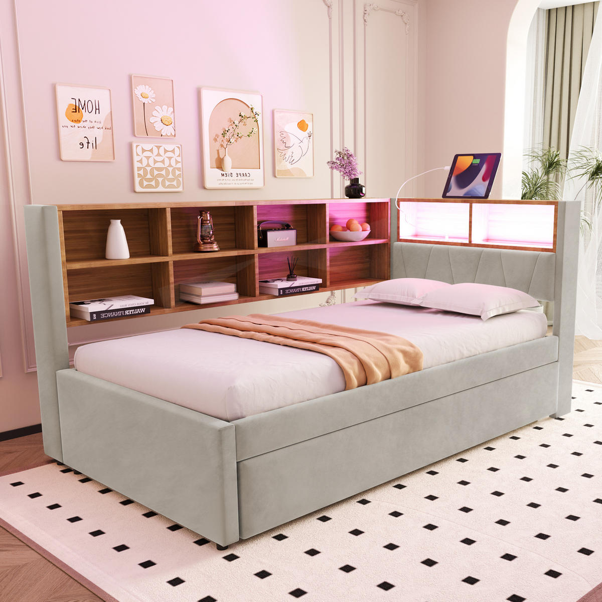 POLSTERBETT 90/200 cm mit Ausziehbett und LED-Beleuchtung - Hellgrau, Textil (90/200cm) - BEAOK