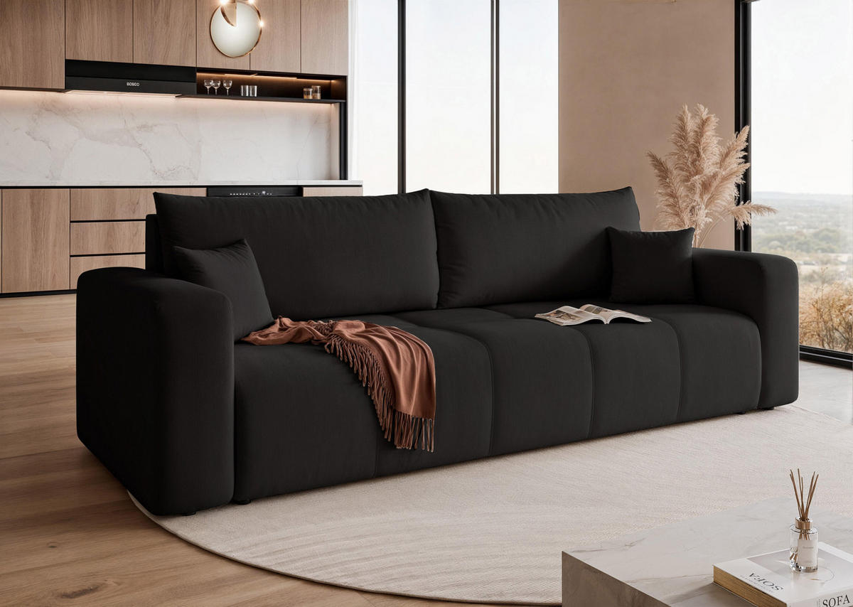 SCHLAFSOFA Velours mit Bettkasten und Schlaffunktion - Schwarz, Holzwerkstoff/Textil (246/79/93cm) - Idohome